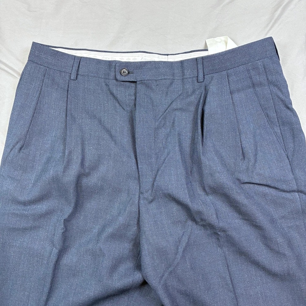Zanella Dress Pants Mens 38 Blue Textured Wool Mohair Pleated Italy Unhemmed